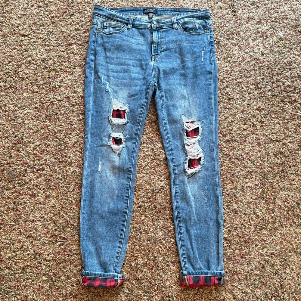 Judy Blue Skinny Jeans Plaid Flannel Patch Ripped Denim Stretch Size 15/32